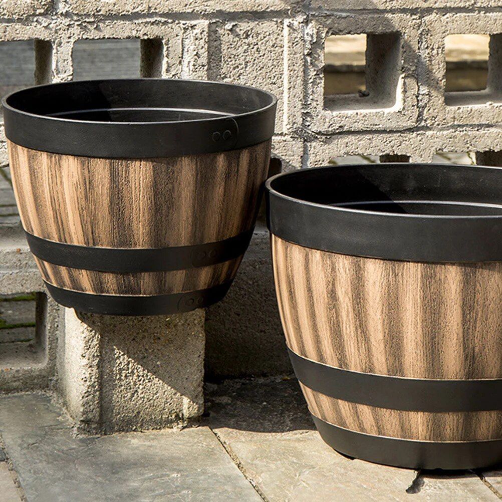 Rustic Faux Wooden Barrel Planter - Durable Plastic Bonsai & Succulent Pot, Retro Outdoor Imitation Planting Box