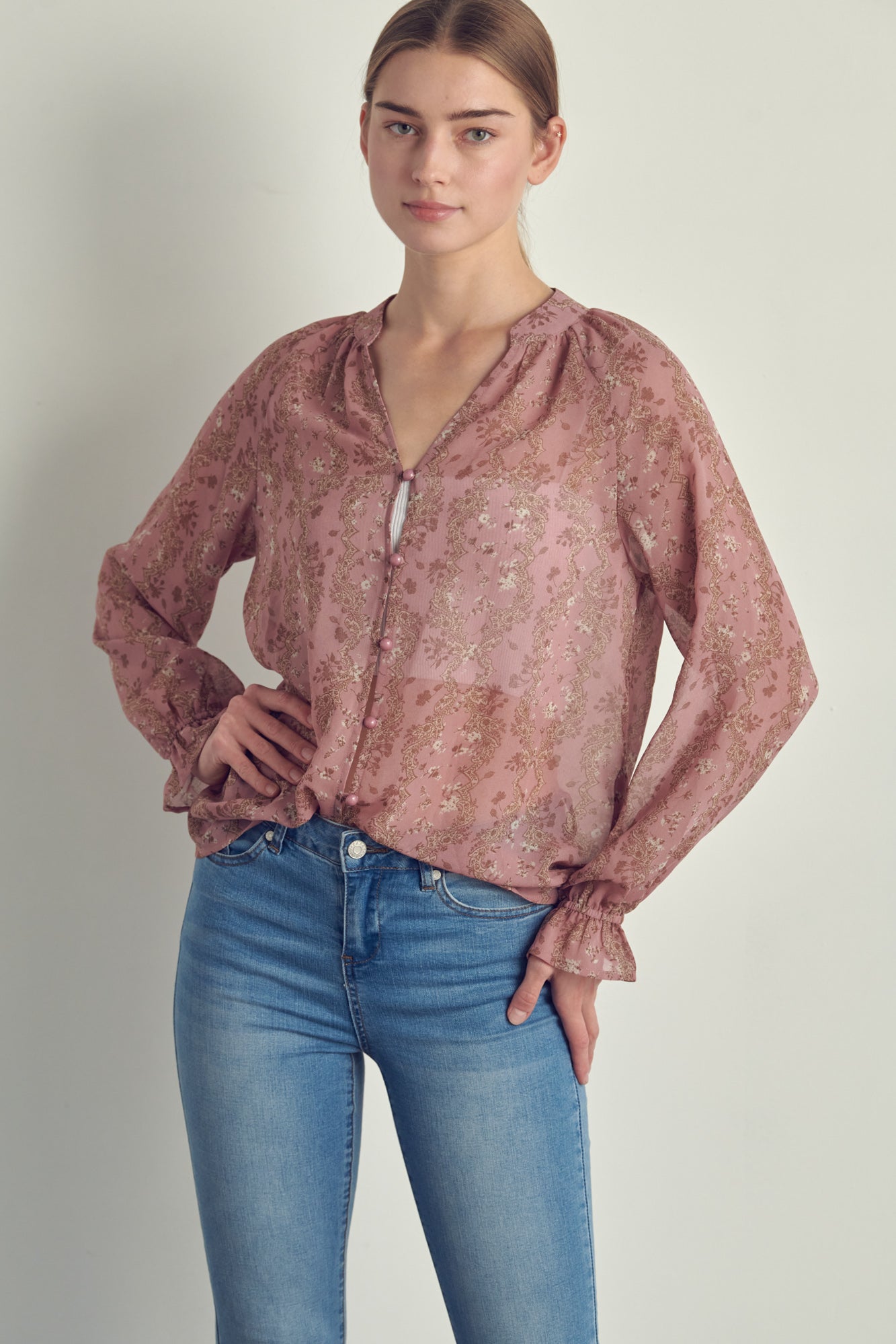 Mandarin collared long sleeve blouse