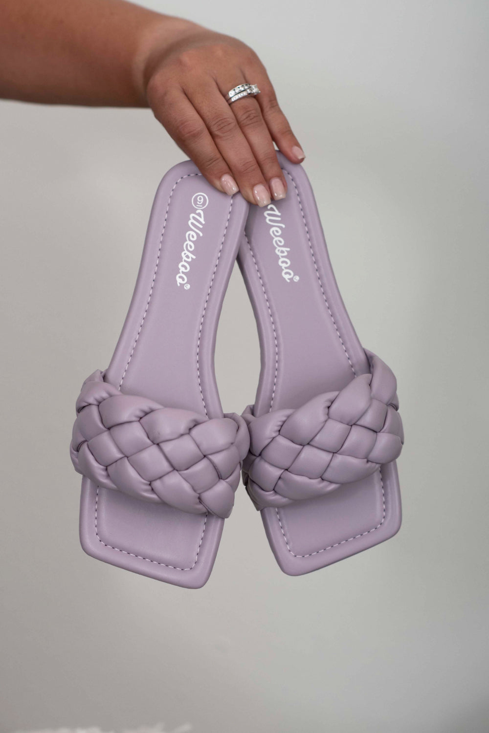 Cakewalk Woven Square Toe Slides in Lilac