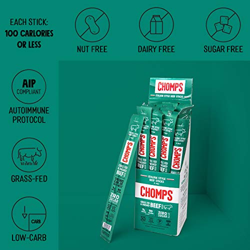 CHOMPS Grass Fed Italian Style Beef Jerky Snack Sticks, Keto, Whole30, Paleo, Gluten Free, Sugar Free, Low Carb, AIP Diet Compliant, 90 Calories,1.15 Oz, Pack of 24