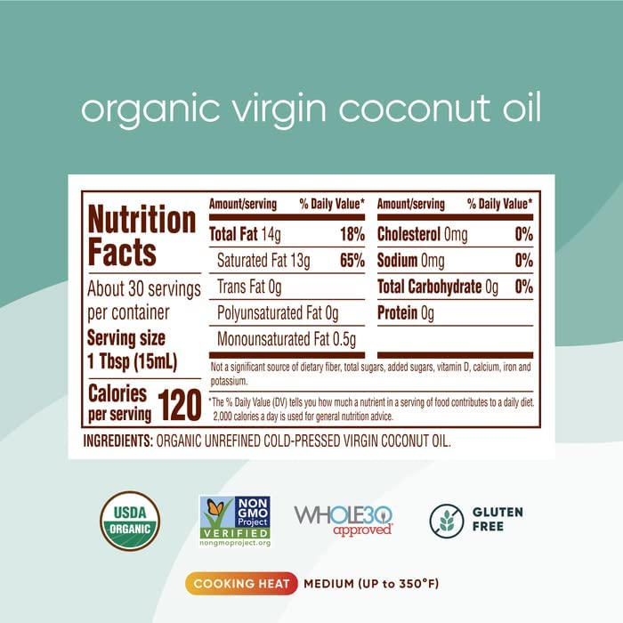 Nutiva Organic Cold-Pressed Virgin Coconut Oil, 1 Gallon, USDA Organic, Non-GMO, Whole 30 Approved, Vegan, Keto, Fresh Flavor and Aroma for Cooking & Healthy Skin and Hair