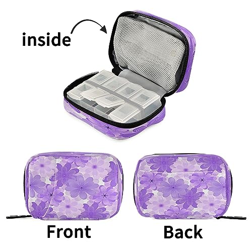 Kigai Purple Floral Pill Case, Portable Weekly Daily Pill Case Bag Organizer with Zipper for Vitamins Medicine Supplements Travel Family Business