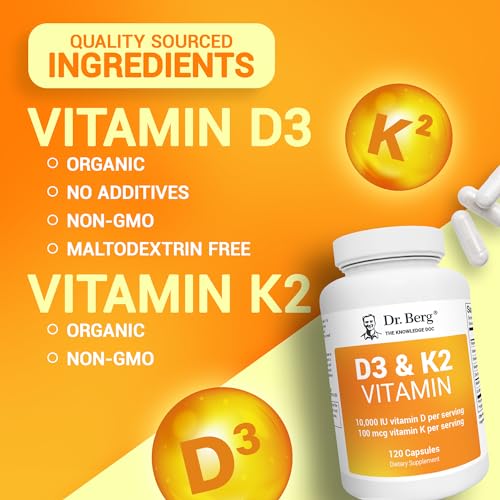 Dr. Berg's Vitamin D3 K2 w/MCT Oil - Includes 10,000 IU of Vitamin D3, 100 mcg MK7 Vitamin K2, Purified Bile Salts, Zinc & Magnesium for Ultimate Absorption - K2 D3 Vitamin Supplement - 120 Capsule