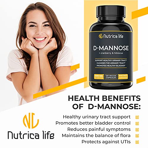 Urinary Tract Infection Treatments D Mannose 1000mg Capsules - Potent D-Mannose & Cranberry Pills with Hibiscus Extract - Strength Urinary Tract Support, Healthy Bladder Control (120 Capsules)