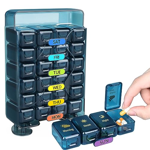 Pill Organizer 4 Times A Day, Pill Box 7 Day, Acedada Large Weekly Pill Organizer with 7 Stackable Daily Pill Case, Portable Travel Pill Container Medicine Organizer Holder for Vitamin Fish Oil, Blue