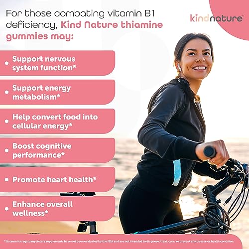 Kind Nature Vitamin B1 Gummies - Chewable Thiamine 500mg per Serving - Formulated for B1 Vitamin Deficiency - Non GMO, Vegan, Natural Strawberry Flavor Thiamine B1 Supplement for Adults & Kids