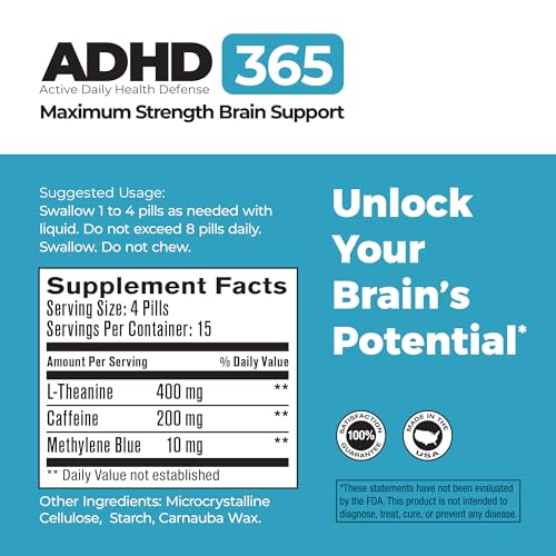 Best 365 Labs Maximum Strength Brain Support - Methylene Blue, Caffeine, and L-Theanine - Improve Focus and Memory - Unlock Your Brain’s Potential - 60 Tablets