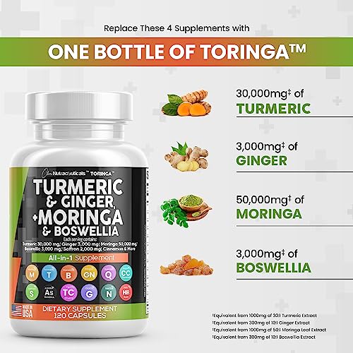 Turmeric Curcumin 30000mg Ginger 3000mg Moringa 50000mg Boswellia Saffron 2000mg - Joint Support Supplement for Women and Men with Ceylon Cinnamon, Quercetin, Tart Cherry Made in USA 120 Caps