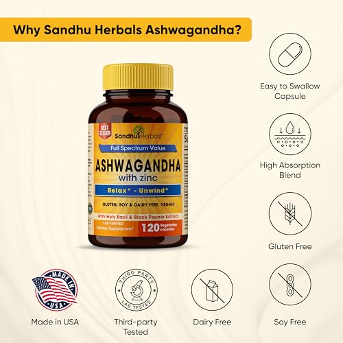 SANDHUHERBALS Ashwagandha Supplement|120 Organic 4 in 1 Capsules, 2 months supply|8000mg with Zinc, Black Pepper and Holy Basil Extract|Stress Relief, Mood, Immune & Energy Support|Non-GMO,Made in USA