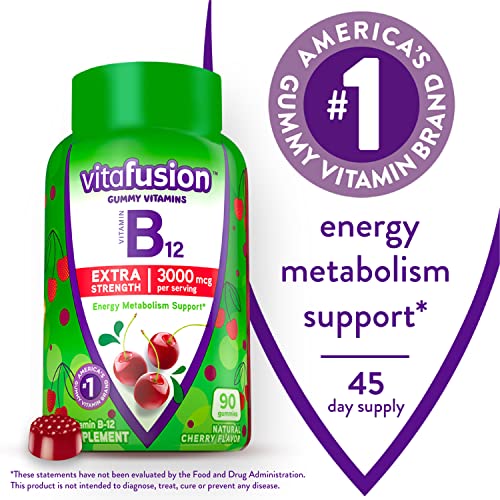 Vitafusion Extra Strength Vitamin B12 Gummy Vitamins for Energy Metabolism Support and Nervous System Health Support, Cherry Flavored, America’s Number 1 Gummy Vitamin Brand, 45 Day Supply, 90 Count