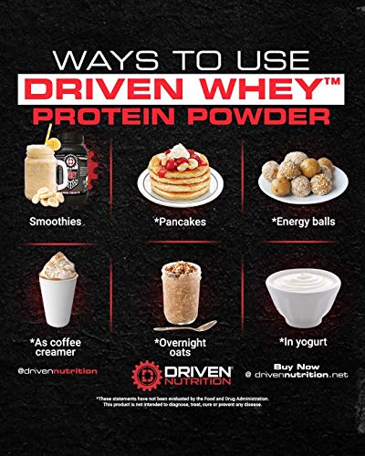 Driven WHEY- Grass Fed Whey Protein Powder: Delicious, Clean Protein Shake- Improve Muscle Recovery with 23 Grams of Protein with Added BCAA and Digestive Enzymes (Banana Pie, 5 lb)