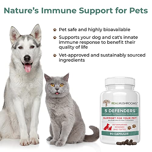 5 Defenders Mushroom Supplements for Cat & Dog Vitamins for Health Support with Chaga, Shiitake, Reishi & Turkey Tail Mushroom - Vet-Approved Mushroom Powder Capsules (90ct)