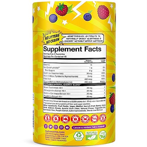 Nutracelle NUTRAMIN Energy Boost Vitamin Gummy - Skip The Coffee & Boost Your Energy, Caffeine-Free, Sugar-Free, Vegan, B12, Green Tea, Ashwagandha, Garcinia Cambogia, Raspberry Adaptogen - 90 ct