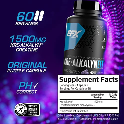 EFX Sports Kre-Alkalyn EFX | pH Correct Creatine Monohydrate Pill Supplement | Strength, Muscle Growth & Performance | 60 Servings, 120 Capsules
