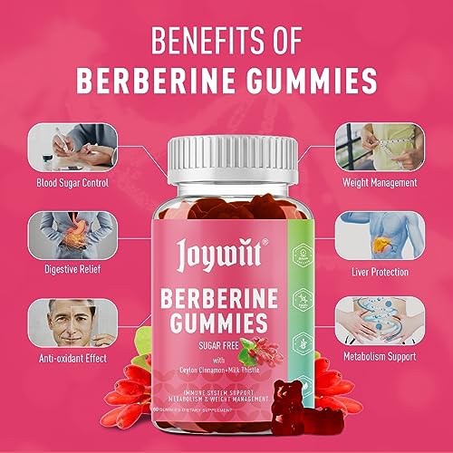 Joywiit Berberine Gummies with 1500mg Berberine Per Serving Plus Ceylon Cinnamon, Milk Thistle for Immune System & Metabolism Support, Sugar Free - 60 Counts