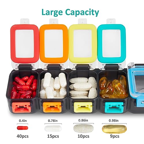 Fullicon Weekly Pill Organizer 7 Day Ultra Moisture and Spill Proof Daily Pill Box, Large Medicine Case with Secure Buckle, Compact Travel Pill Container for Pill, Vitamin, & Fish Oil (Rainbow Black)