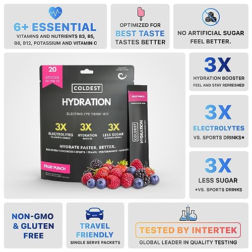 Coldest Liquid Hydration - Electrolyte Powder Packets - Electrolyte Drink Mix - Easy Open Single-Serving Stick Drop in Water - 20 Count (Fruit Punch)