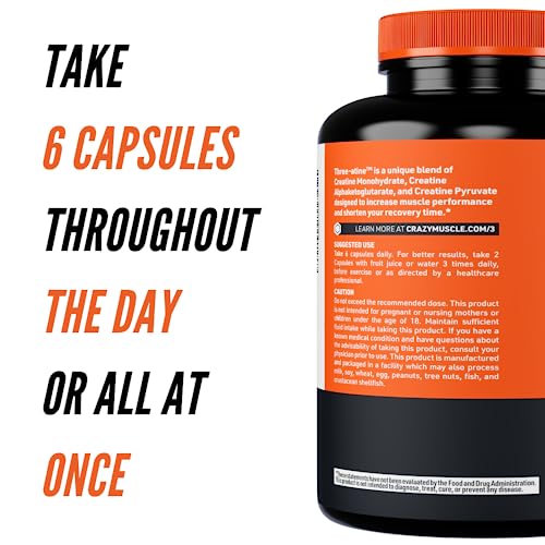 Creatine Capsules - 5g of Premium 3X ThreeAtine Pre Workout Bulk Muscle Mass Gainer - High Absorption Easy-to-Take Creatine Monohydrate Capsules Optimum Performance for Men Women - 180 Capsules