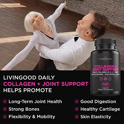 Livingood Daily Collagen Peptides + Joint Support, 120 Capsules - Multi Collagen Pills (Type I, III, V, X) with Hyaluronic Acid, Glucosamine, MSM & Boswellia Serrata - Collagen Supplements for Joints