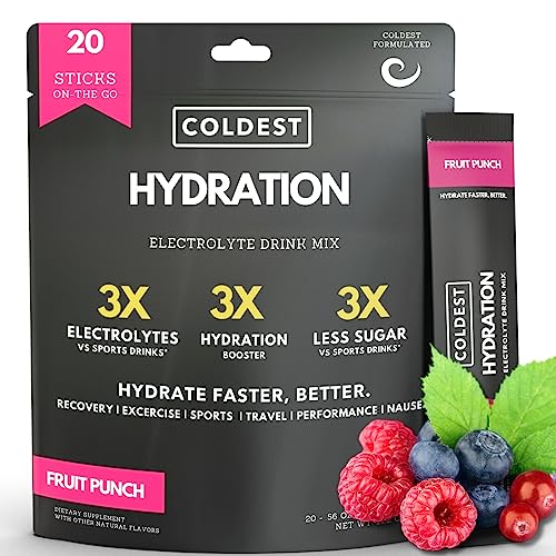 Coldest Liquid Hydration - Electrolyte Powder Packets - Electrolyte Drink Mix - Easy Open Single-Serving Stick Drop in Water - 20 Count (Fruit Punch)