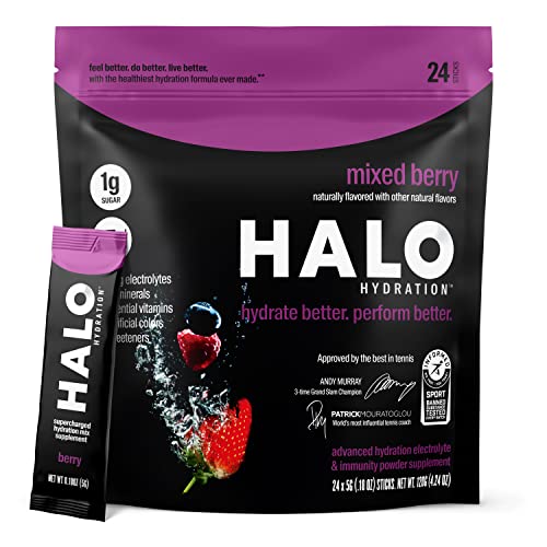 HALO Hydration Berry - Electrolyte Drink Powder Sachets - Dietary Supplement, Rich in Vitamin C & Zinc, Complete Hydration - Keto, Vegan & Low Calorie - 24 Servings