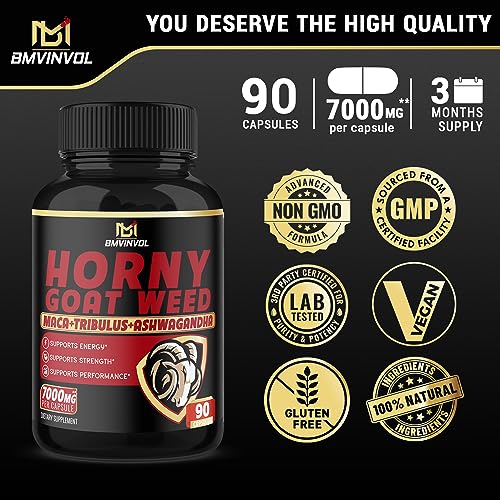 BMVINVOL Horny Goat Weed Capsules - 7000mg Herbal Equivalent - Maca, Ginseng, Tribulus Terrestris, Ashwagandha - Performance and Energy Support - 3 Months Supply