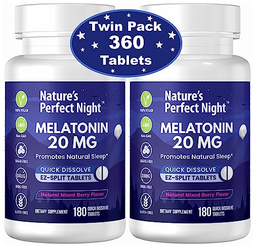 Nature's Perfect Night | Melatonin 20mg | 180 Quick Dissolve Tablets, 2-Pack | Natural Mixed Berry Flavor |High Potency | Sugar Free | Vegan | Gluten Free