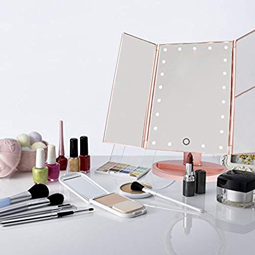 Flymiro Tri-fold Lighted Vanity Makeup Mirror with 3x/2x/1x Magnification, 21Leds Light and Touch Screen,180 Degree Free Rotation Countertop Cosmetic Mirror,Travel Makeup Mirror (Gold)