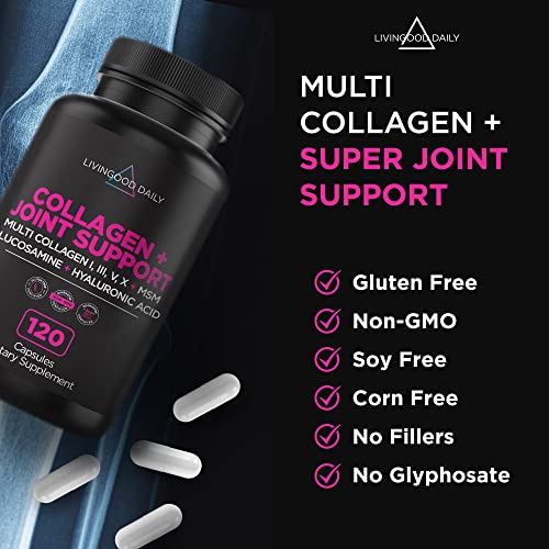 Livingood Daily Collagen Peptides + Joint Support, 120 Capsules - Multi Collagen Pills (Type I, III, V, X) with Hyaluronic Acid, Glucosamine, MSM & Boswellia Serrata - Collagen Supplements for Joints