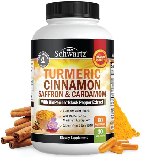 Turmeric Cinnamon Supplement with Saffron and Cardamom Plus BioPerine Black Pepper Extract for Max Absorption - Natural Tumeric Curcumin Joint Support Supplement for Women and Men - 60 Capsules
