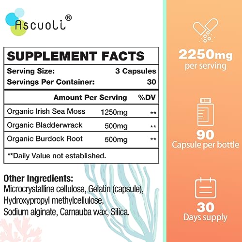 Ascuoli Organic Sea Moss 2250mg, Seamoss, Bladderwrack & Burdock Root, Sea Moss Capsules, Wild Irish Sea Moss for Immune Health, Mood Booster, Thyroid, Skin, Nails & Joint Health - 90 Vegan Capsules