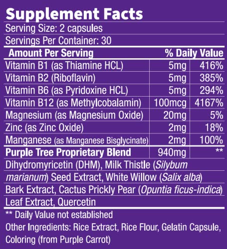 purple tree Post Celebration Wellness Vitamin Pills | Rapid Hydration, Liver Detox, Better Mornings | Dihydromyricetin DHM, Milk Thistle, Electrolytes, Vitamin B, Willow Bark, Quercetin (60 Pills)