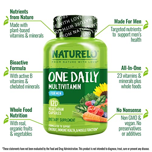 NATURELO One Daily Multivitamin for Men - with Vitamins & Minerals + Organic Whole Foods - Supplement to Boost Energy, General Health - Non-GMO - 120 Capsules - 4 Month Supply