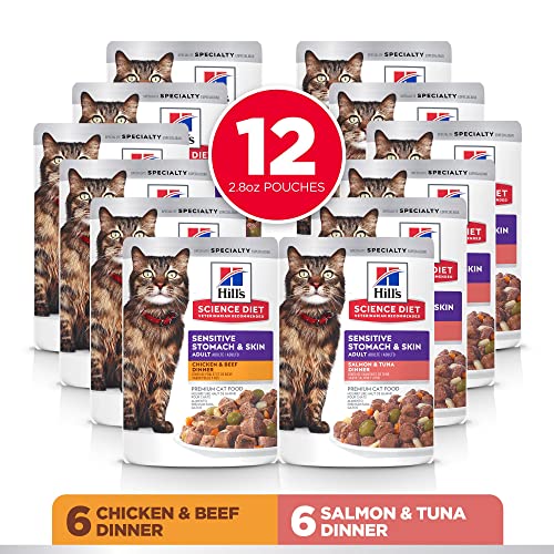 Hill's Science Diet Adult Sensitive Stomach & Skin Wet Cat Food Pouch Variety Pack, Chicken & Beef, Tuna & Salmon, 2.8 oz., 12-Pack