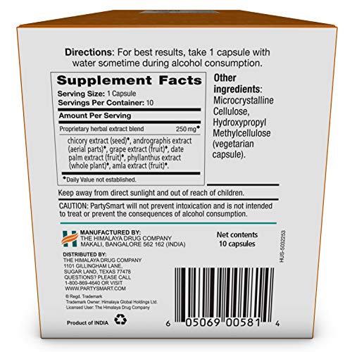 Himalaya PartySmart, One Capsule for a Better Morning, Plant-Based, Liver Support, Better Morning After Drinking, Alcohol Breakdown, Clinically Studied, Non-GMO Project Verified, 10 Capsules