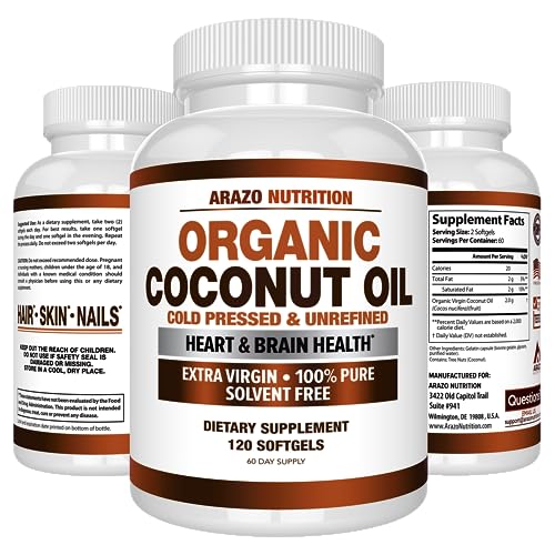 Arazo Nutrition Organic Coconut Oil 2000 MG - 100% Extra Virgin Unrefined Cold Pressed for Weight Support, Skin, Hair, Nails - 120 Softgel Capsules