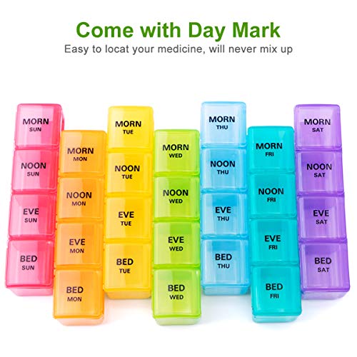 Weekly Pill Organizer 7 Day (4 Times a Day), Sukuos Moisture-Resistant Large Daily Pill Cases for Pills/Vitamin/Fish Oil/Supplements - Rainbow Colors