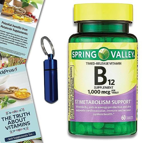 Spring Valley Timed-Release Vitamin B12 Tablets, 1,000 mcg, 60 Count Bundle - Includes Vitamin Guide and Pill Container (3 Items)!