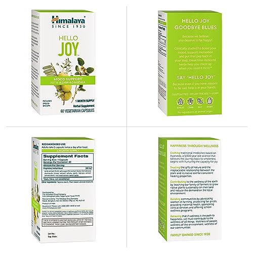 Himalaya Hello Joy Herbal Supplement, with Ashwagandha , Amla, Bacopa, Holy Basil/Tulsi, Positive Outlook, Supports Motivation, Stress Relief, Balanced Cortisol, Non-GMO, Vegan, 60 Capsules