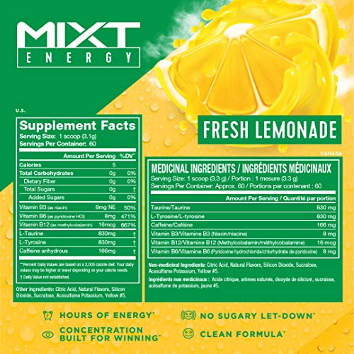 MIXT Energy Supplement, Designed for Energy and Focus, 8 Hour Energy Drink, Awesome Taste, Gaming Energy, Keto Approved (60 Servings, Fresh Lemonade)