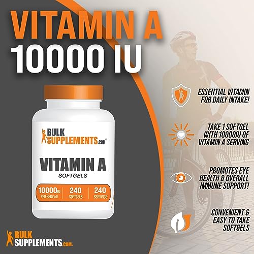 BULKSUPPLEMENTS.COM Vitamin A 10000 IU Softgels - Vitamin A Retinyl Palmitate, Vitamin A Pills - Vitamin A Supplement, Eye Supplements - Gluten Free, 1 Softgel per Serving, 240 Softgels