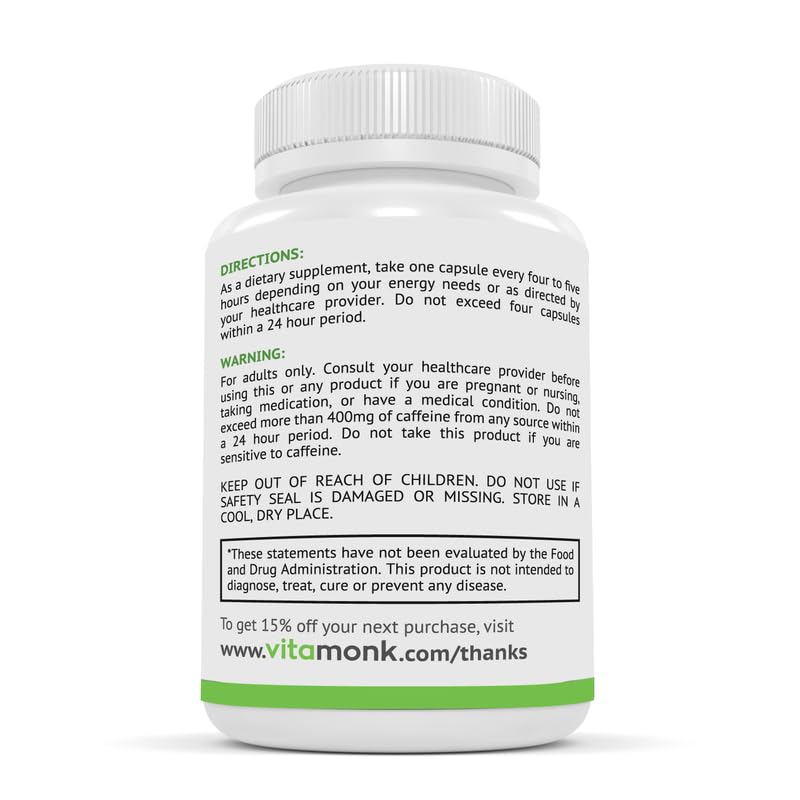 VitaMonk Low Dose Caffeine and Theanine - L Theanine Caffeine Pills - Microdose of L-theanine Caffeine Capsules - Time Release Caffeine Supplements - Caffeine L Theanine Pills - No Jitters - 60 Caps