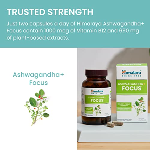 Himalaya Ashwagandha+ Focus with Ashwagandha, Bacopa, Rosemary & Green Tea for Memory, Focus and Clarity, 60 Capsules, 1 Month Supply, Vegan, Gluten Free