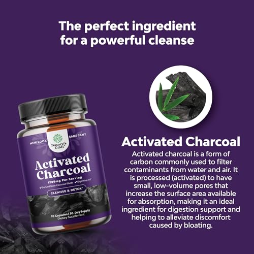 Cleanse and Detox Activated Charcoal Capsules - Purifying Detox Pills with 1200mg Coconut Charcoal Powder for Bloating Relief and Body Detox Cleanse - Active Charcoal for Gut Health - 90 Count