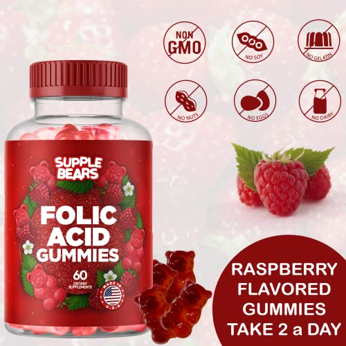 Supplebears Folic Acid Gummies 400mcg - Essential Prenatal & Pregnancy Gummy for Women, Moms & Baby to Be - 60 Raspberry Flavored Folate Gummy Vitamins - Made in The USA