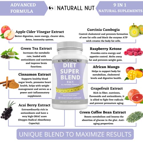 Naturall Nut Diet Pill Super Blend - Garcinia Cambogia, Green Coffee, Raspberry Ketones, Green Tea Pills, Release Diet Pills for Women & Men, Weight Management