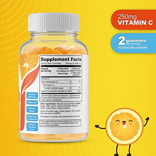 Doctors Finest Vitamin C Gummies for Kids – Vegan, GMO Free & Gluten Free – Great Tasting Orange Flavor Pectin Chews – Kids Dietary Supplement – 250mg of Vitamin C – 90 Jellies [45 Doses]