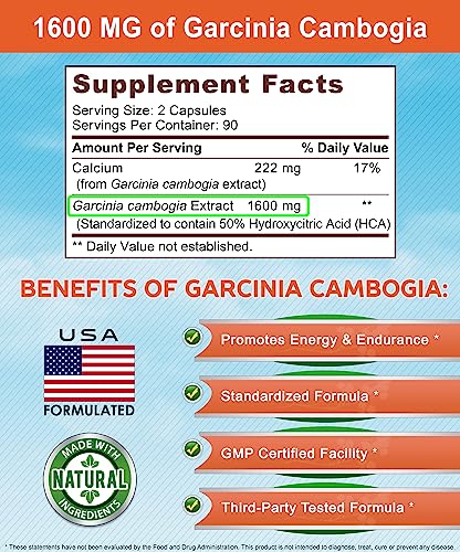 Garcinia Cambogia 1600mg (180 Capsules) - Pure Natural Extract Supplement Pills - Standardized Ultra HCA & Garcinia Cambogia Alternative to Drops, Gummies, Liquid, Tea & Powder