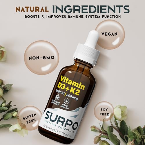 SURPO Vitamin D3 + K2 Liquid Drops with Omega 3 Oil - 5000 IU Vitamin D Drops K2 for Hormone Support & Bone Health - Liquid Vitamin D3 with K2 Drops for Maximum Absorption - 2Fl Oz Vitamin K2 D3