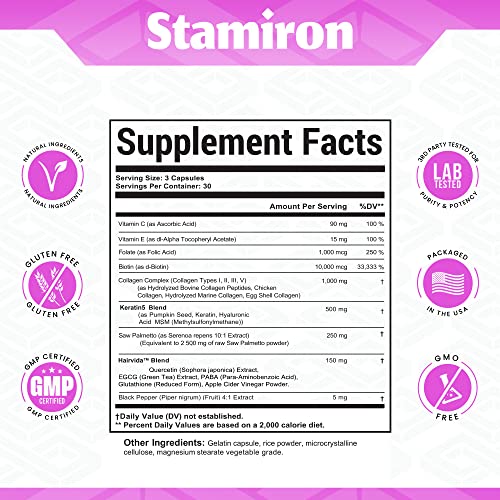 Stamiron Hair Skin and Nails Vitamins for Women with Biotin 10000mcg Collagen 1000mg Supplements Plus Keratin Hyaluronic Acid Saw Palmetto Bamboo Vitamin B & C for Hair Growth Nail & Skin - USA Made